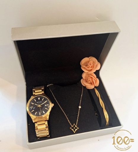 Conjunto relógio + fio + pulseira aço inoxidável